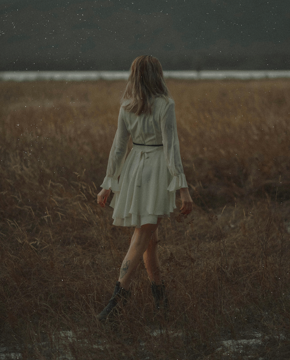 A young, free-spirited woman walking through a field.